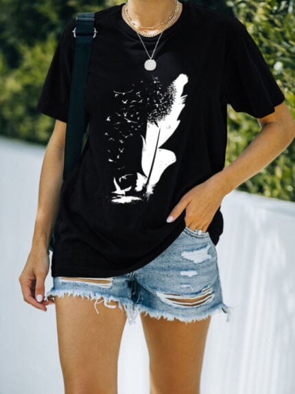 Wholesale Dove Feather Print T-Shirt