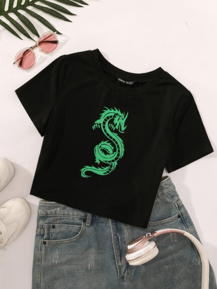 Wholesale Dragon Print Cropped T-Shirt