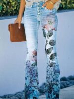 Wholesale Floral Print Flared Faux Jeans