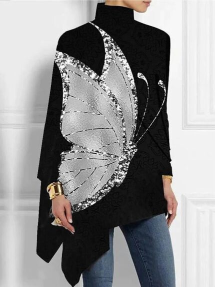 Wholesale High Neck Irregular Hem Long Sleeve Top