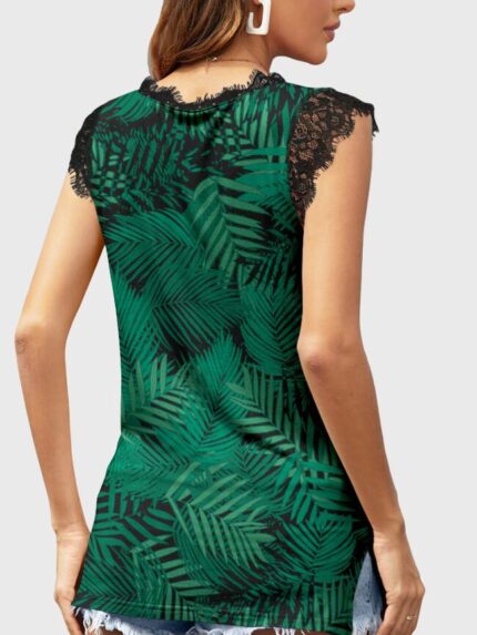 Wholesale Leaf Print Lace Paneling V-neck Vest