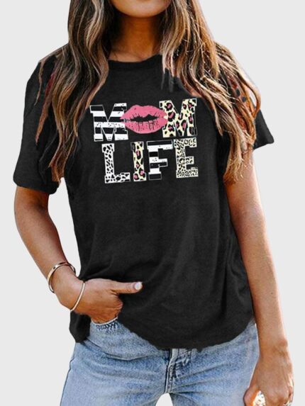 Wholesale Leopard MOM LIFE Letter Graphic T-Shirt