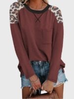 Wholesale Leopard Panel Long Sleeve Pocket T-Shirt