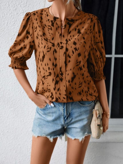 Wholesale Leopard Print Round Neck Ruffle Sleeve Top