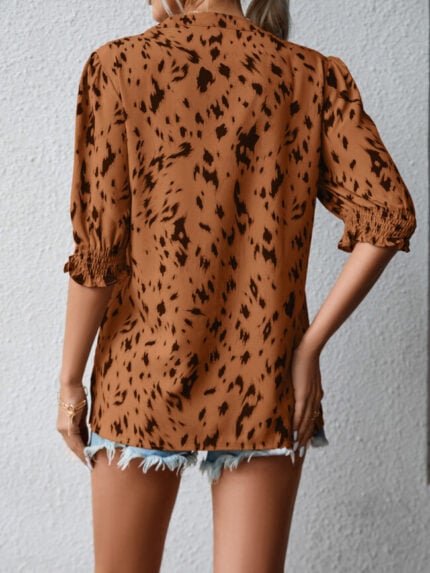 Wholesale Leopard Print Round Neck Ruffle Sleeve Top