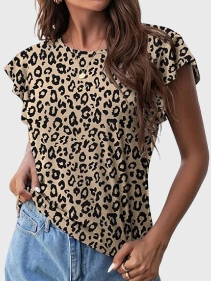 Wholesale Leopard Print Ruffle Sleeve Crew Neck T-Shirt