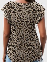 Wholesale Leopard Print Ruffle Sleeve Crew Neck T-Shirt