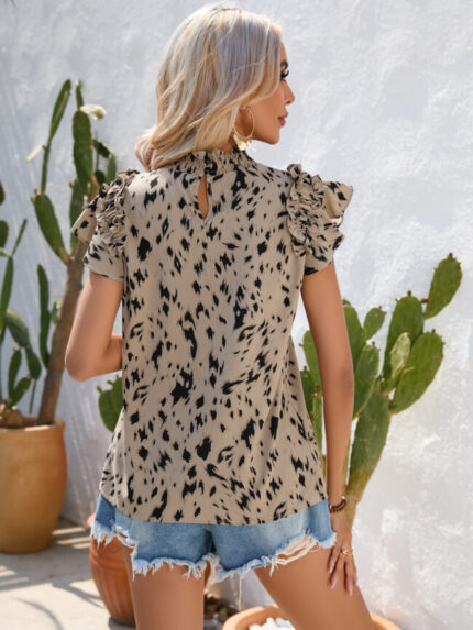 Wholesale Leopard Ruched Ruffle Sleeve Top