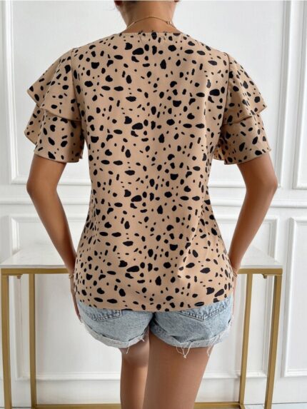 Wholesale Leopard Ruffle Sleeve Loose Top