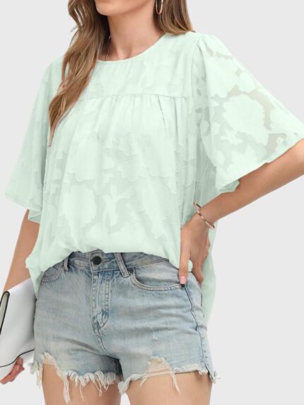 Wholesale Light Green Floral Embossed Loose Blouse