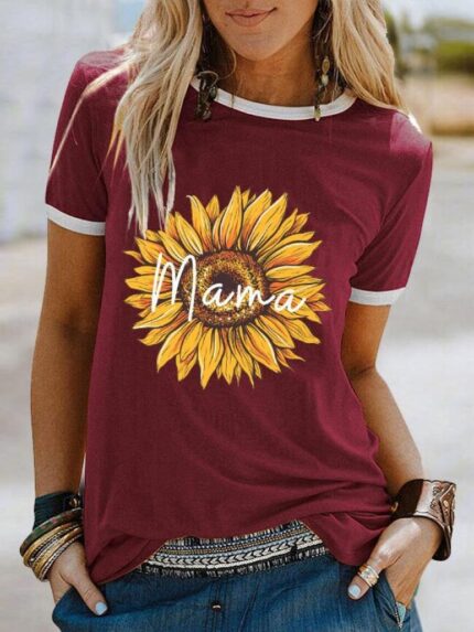 Wholesale MOM Sunflower Contrast Short Sleeve T-Shirt