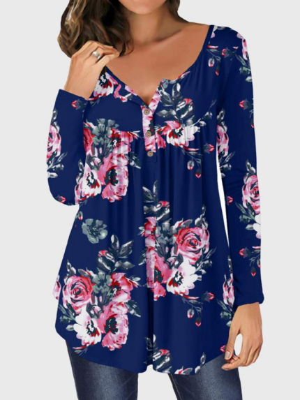 Wholesale Navy Blue Floral Print Long Sleeve Top