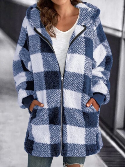 Wholesale Plaid Hooded Zip Pocket Loose Jacket