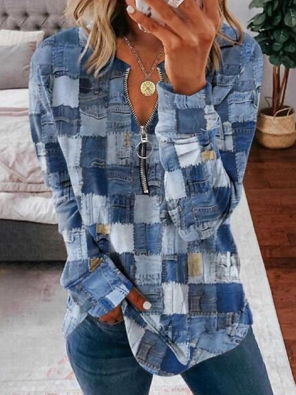 Wholesale Plaid Print Zip Long Sleeve Top