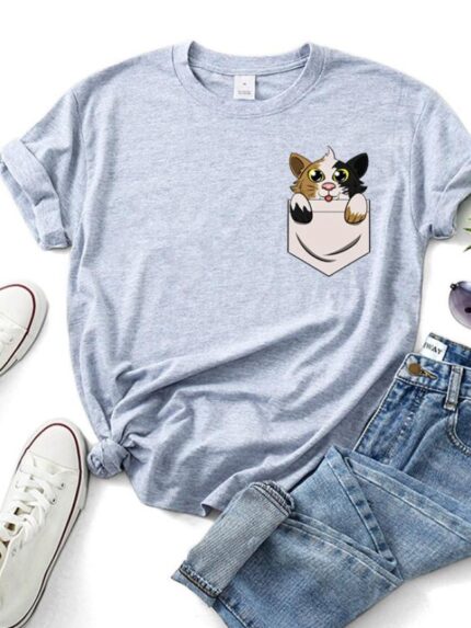 Wholesale Pocket Cat Print Short Sleeve T-Shirt