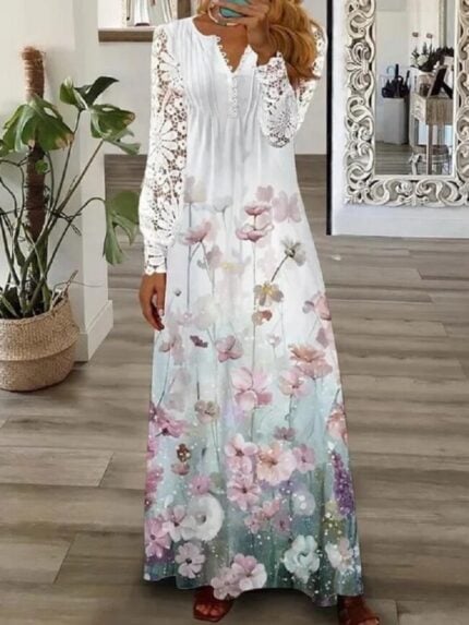 Wholesale Printed V Neck Lace Long Sleeve Dress