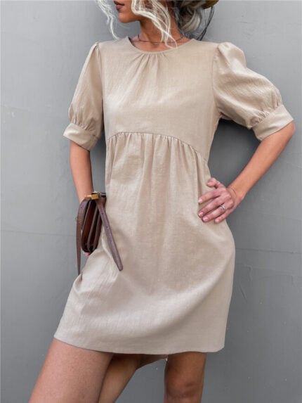 Wholesale Round Neck Button Back Puff Sleeve Dress