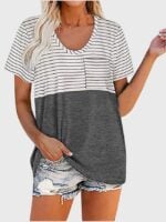 Wholesale Round Neck Striped Panel Pocket T-shirt