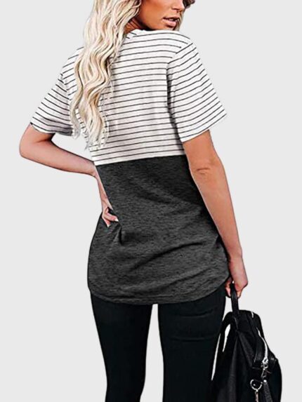 Wholesale Round Neck Striped Panel Pocket T-shirt