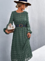 Wholesale Round neck Puff sleeve Jacquard dress(without belt)