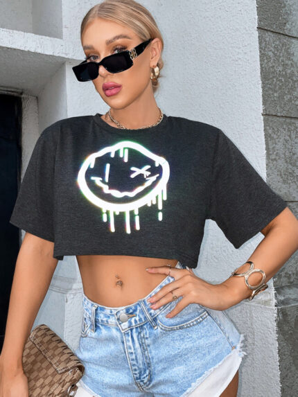 Wholesale Smile Reflective Cropped Short Sleeve T-Shirt