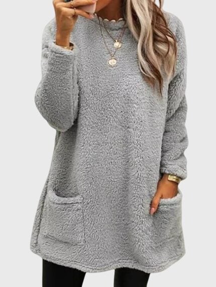 Wholesale Solid Color Pocket Plush Long Sleeve Top