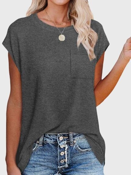 Wholesale Solid Color Round Neck Pocket T-Shirt