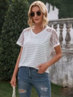 Wholesale Striped Panel Lace V-neck T-shirt