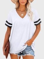 Wholesale Striped Paneled V Neck Casual T-Shirt