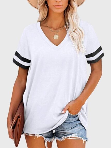 Wholesale Striped Paneled V Neck Casual T-Shirt