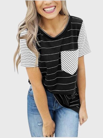 Wholesale Striped Pocket Panel Crew Neck T-Shirt