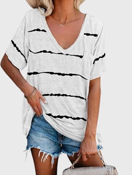 Wholesale Striped V Neck Pocket Short Sleeve T-Shirt