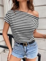 Wholesale Trendy Striped Slanted Collar T-shirt