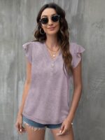 Wholesale V-Neck Casual Button Ruffle Sleeve T-Shirt