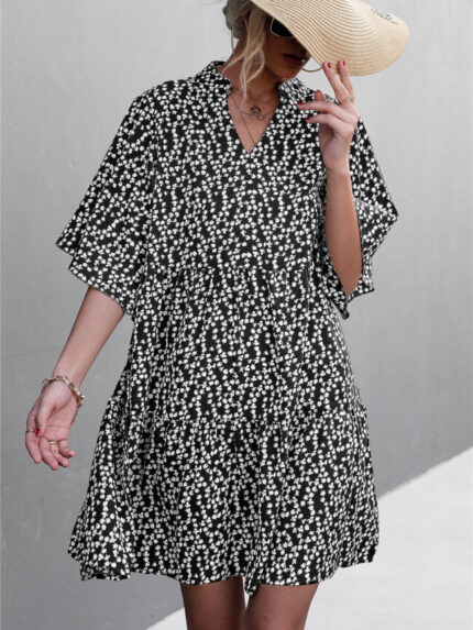 Wholesale V-Neck Flared Sleeve Print Dress