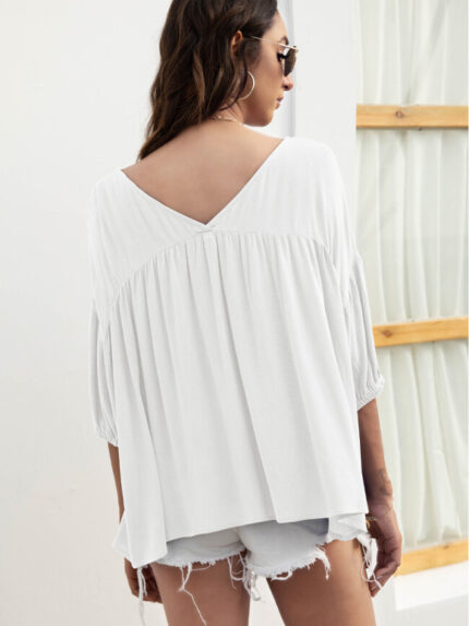 Wholesale V-Neck Loose Casual Pleated Top