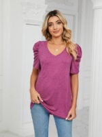 Wholesale V Neck Pleated Short Sleeve T-Shirt