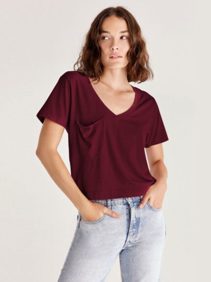 Wholesale V Neck Pocket Loose Cropped T-Shirt