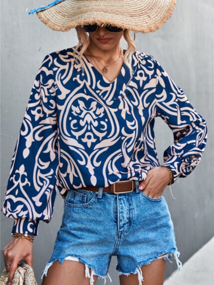 Wholesale V-Neck Printed Long Sleeve Shirt Top