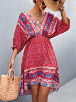 Wholesale V-Neck Puff Sleeve Printed Backless Dress