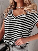 Wholesale V Neck Stripe Short Sleeve T-Shirt