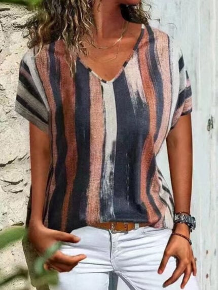 Wholesale V-neck Chic Stripe T-Shirt