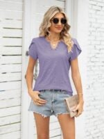 Wholesale V-neck Cutout Loose Short Sleeve T-shirt