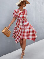 Wholesale V-neck plaid irregular dress