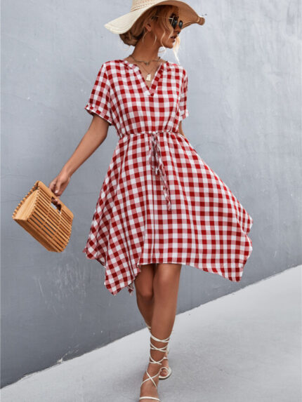 Wholesale V-neck plaid irregular dress