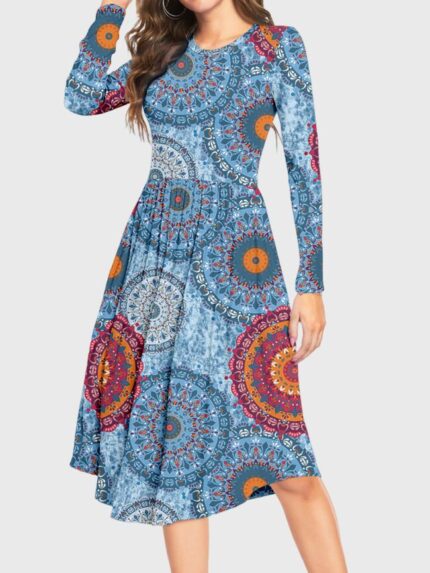 Wholesale Vintage Print Long Sleeve Casual Dress