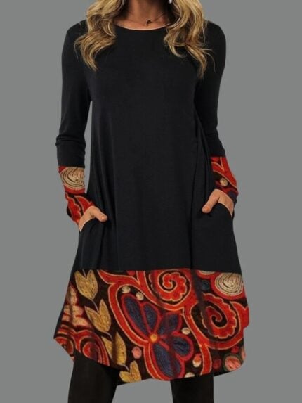 Wholesale Vintage Print Long Sleeve Casual Dress