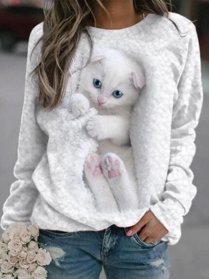 Wholesale White Cat Print Long Sleeve Sweatshirt