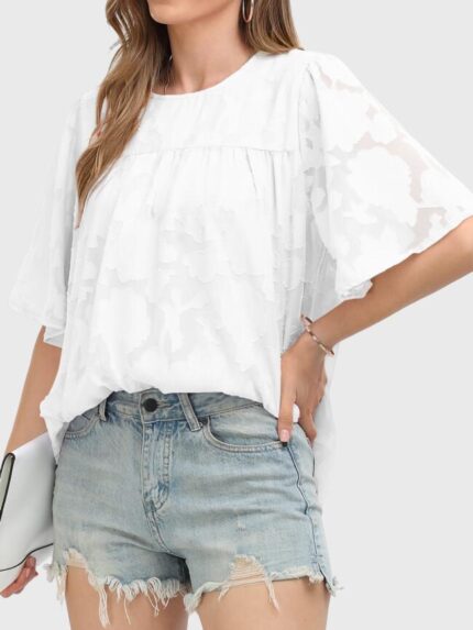 Wholesale White Floral Embossed Oversized Blouse