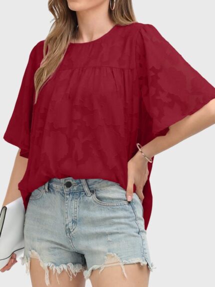 Wholesale Wine Red Floral Embossed Oversized Blouse